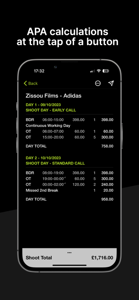 Mobile app screen showing a detailed APA rate calculation and overtime breakdown for a commercial shoot.
