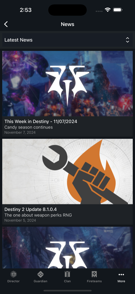 Destiny 2 Companion - The News feed section of the Destiny 2 Companion app showing the latest game updates and community articles