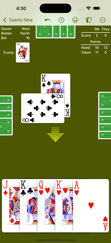 Pantalla de juego de 29 Card Game mostrando una baza de cartas jugándose con una mano de cartas de alto valor en la parte inferior