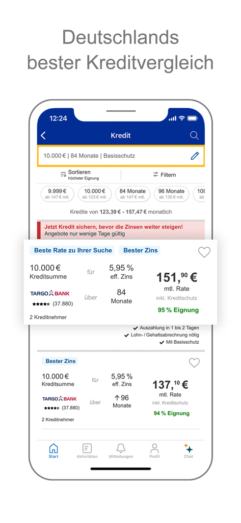 Interfaz de la aplicación móvil mostrando una comparación de ofertas de préstamos personales con tasas de interés y pagos mensuales