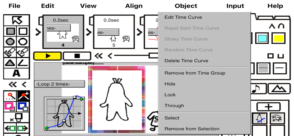 9VAePro - 9VAePro App-Oberfläche, die Vektor-Animationswerkzeuge und das Zeitkurven-Editor-Menü zeigt