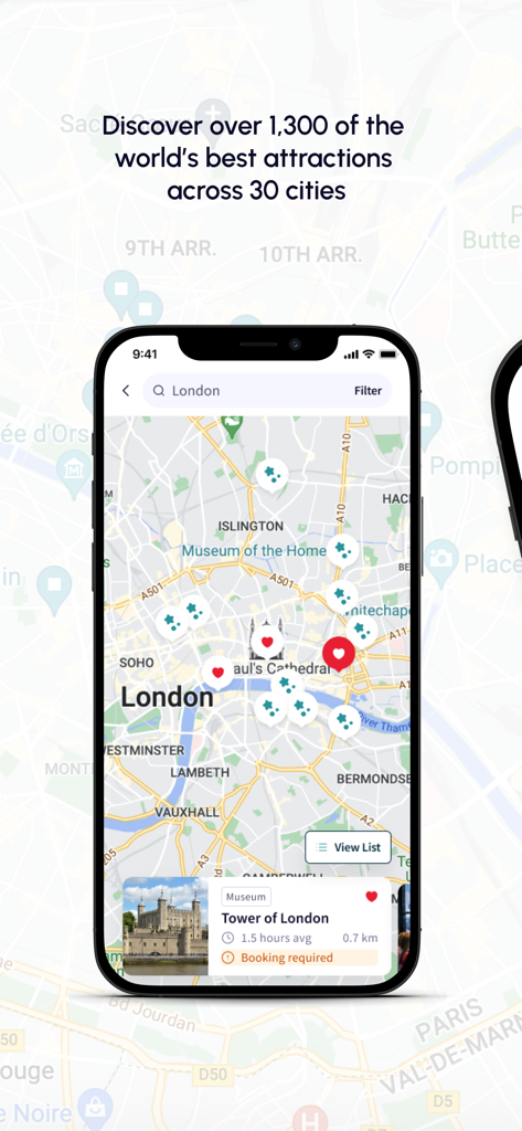 Go City -Travel Plan & Tickets - Interfaccia mappa dell'app Go City che mostra i luoghi turistici di Londra con dettagli sull'attrazione per la Torre di Londra