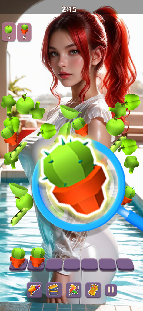 Una pantalla de juego de rompecabezas triple match 3D con una herramienta de lupa y un fondo de mujer romántica