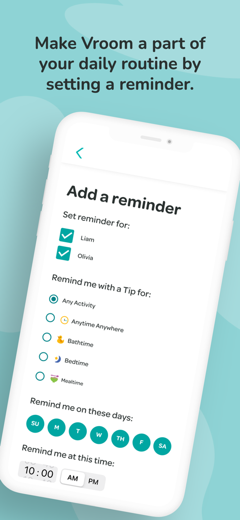Vroom: Early Learning - Interface of the Vroom app for scheduling daily early learning activity reminders for caregivers