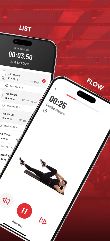 MAC+ app interface showing glute workout list and video exercise demonstration flow.