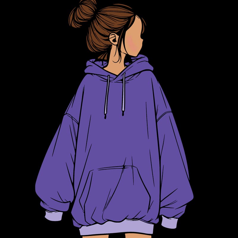 realistic girl with a oversized sweatshirt on and a bun