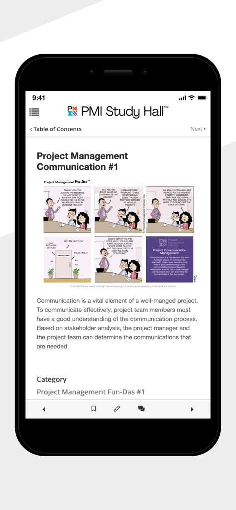 PMI Study Hall app screen showing a project management communication lesson with a comic strip