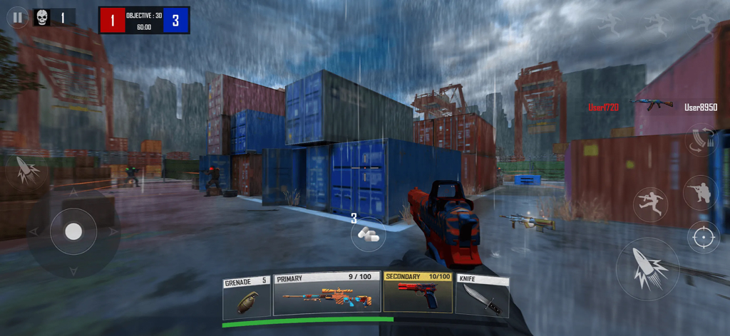 First person shooter gameplay in a rainy environment with shipping containers.