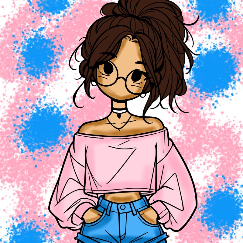 girl with a messy ponytail glasses a baggy crop top and jean shorts