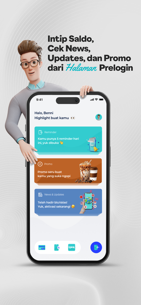 A smartphone showing the pre-login dashboard of the blu by BCA Digital app featuring reminders and promotions.