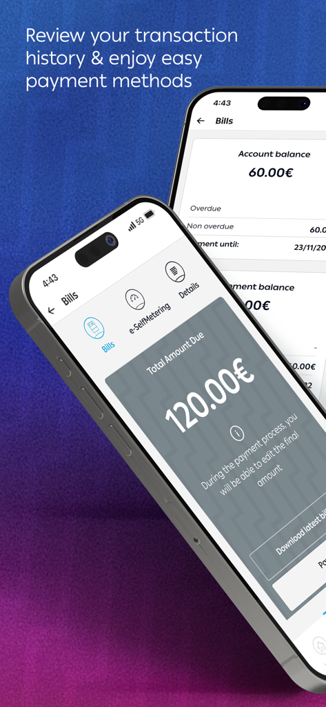 myΔΕΗ - Two mobile phone screens displaying bill balance and payment history within the myDEI utility app