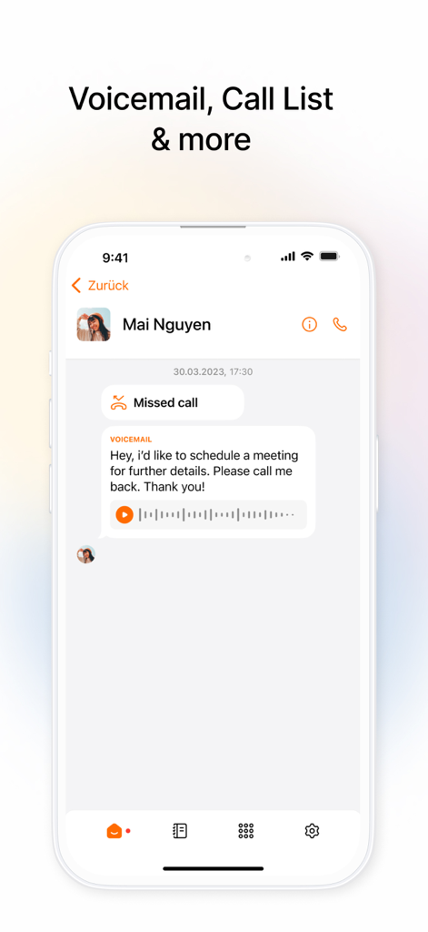 iPhone screenshot of the satellite app showing an AI-generated voicemail summary and a missed call notification.