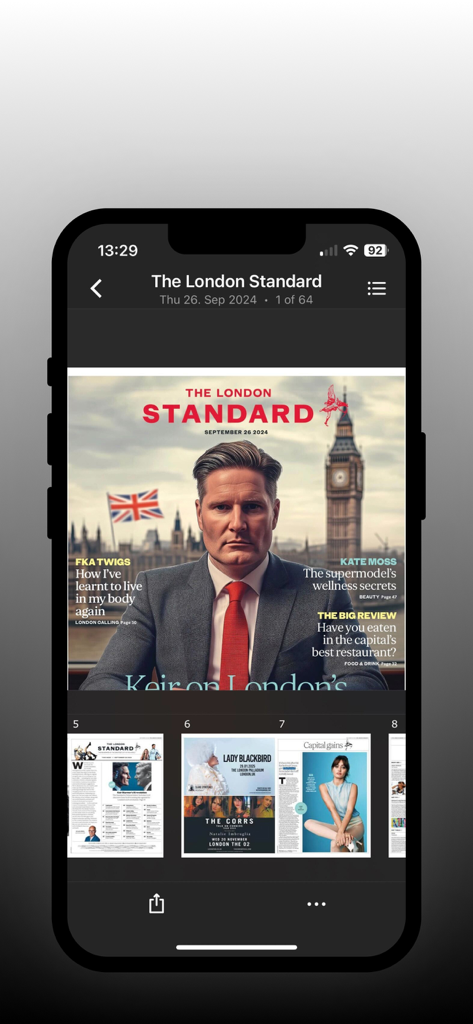 The London Standard - A smartphone displaying The London Standard app with a digital replica of the newspaper featuring a cover story on Keir Starmer.