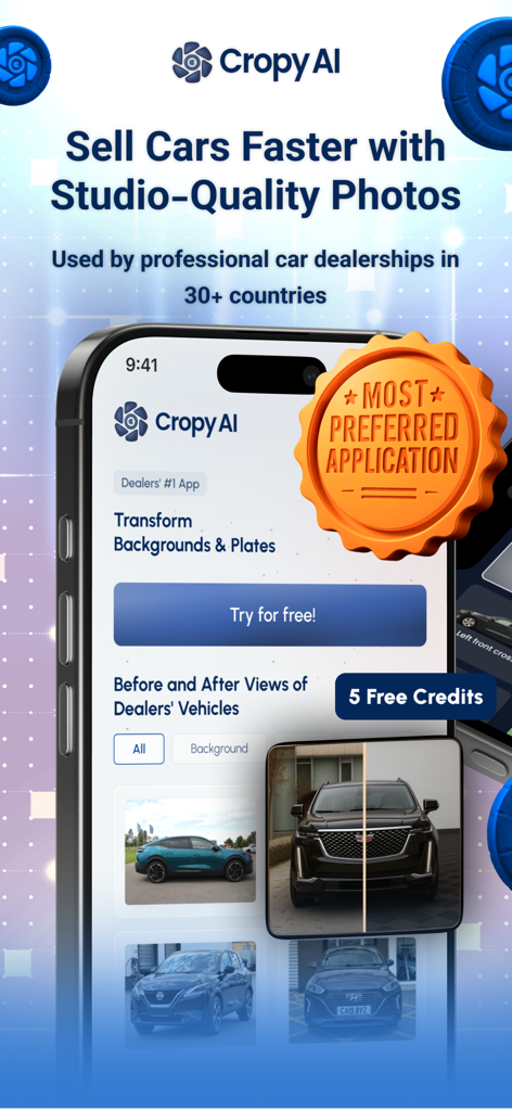 Cropy AI: Car Studio - Cropy AI mobile app interface showing car photo background removal and professional studio effects for vehicle listings.