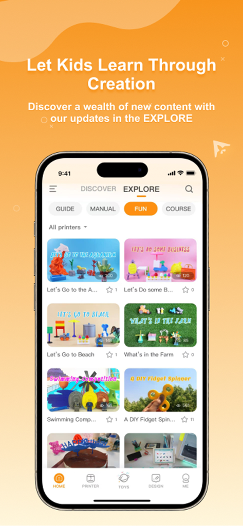 XMAKER - Pantalla de la app XMAKER que muestra una galería de divertidos proyectos de impresión 3D para niños