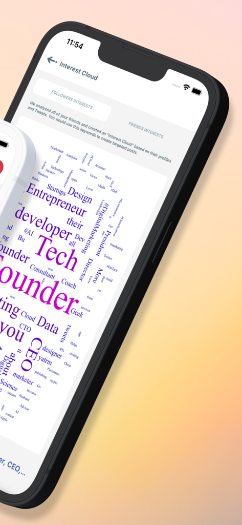 A smartphone showing a word cloud of Twitter follower interests like founder tech and CEO on the Circleboom app interface