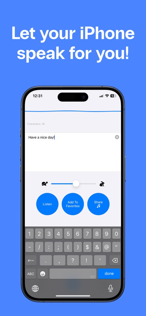 Type & Speak - Text to Speech - Interfaz de la aplicación Type and Speak texto a voz que muestra el campo de entrada de texto y los botones de control de voz en un iPhone