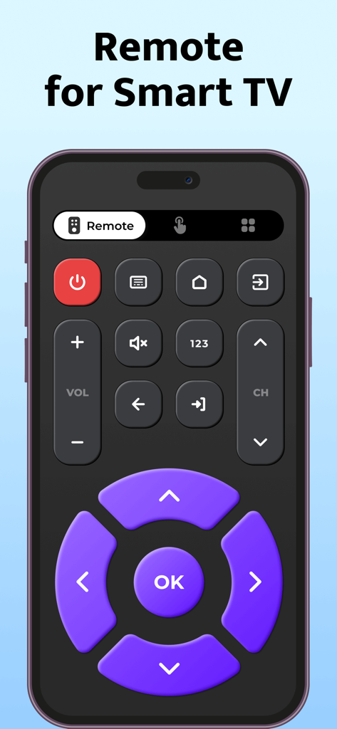 TV Remote, Universal Remote - Un'interfaccia di telecomando TV universale digitale su uno schermo di smartphone con un pad direzionale viola e pulsanti di controllo.