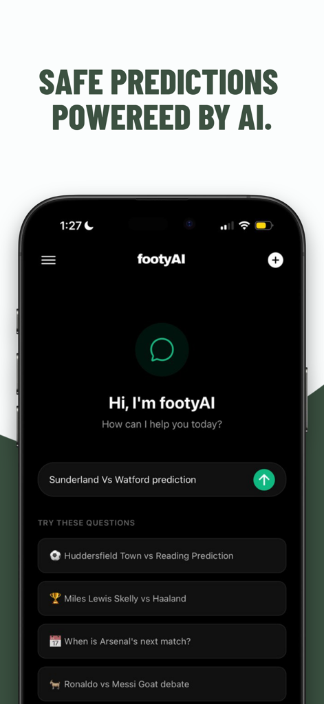 footyAI: Football Predictions - Interactive AI chat interface of the footyAI app showing football match predictions and analytical queries.