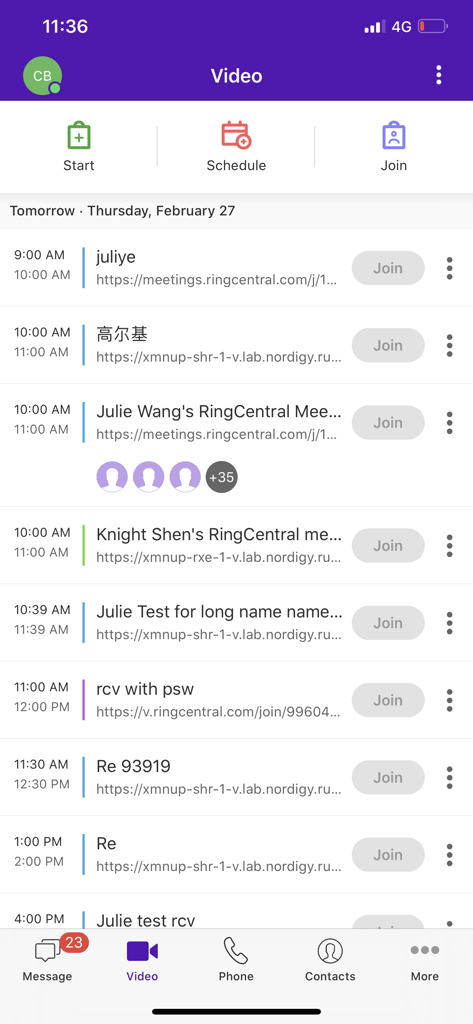 BT Cloud Work - A screenshot of the BT Cloud Work mobile app showing a list of scheduled video meetings with options to start schedule or join calls