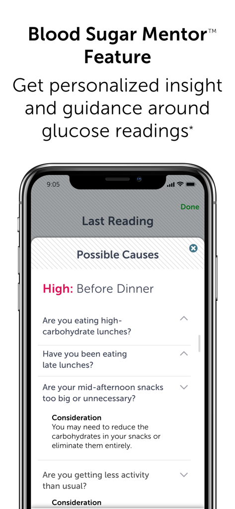 OneTouch Reveal app Blood Sugar Mentor feature displaying personalized insights and guidance for high blood glucose readings.