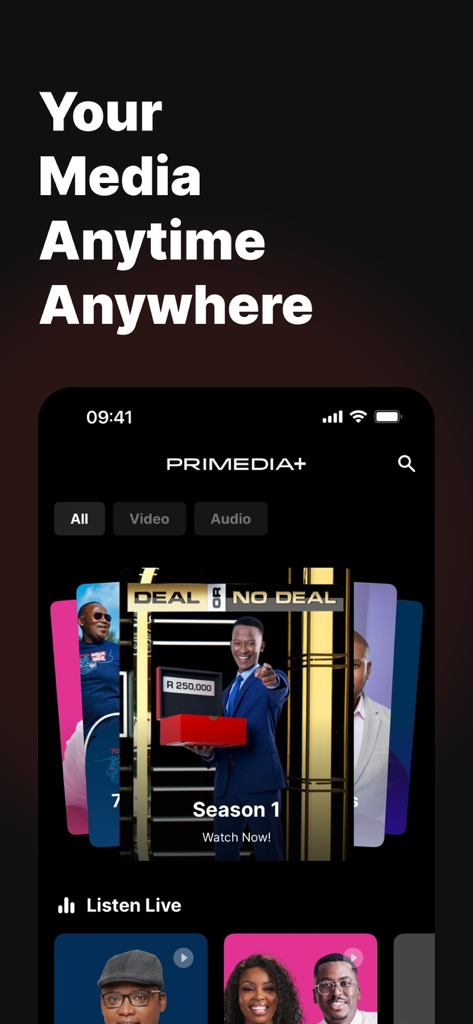 Primedia+ - Primedia plus app home screen showing video and live radio options