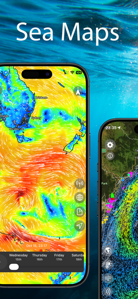Sea Maps - Interface de l'application Sea Maps montrant des motifs de vent animés et le suivi des navires AIS sur des écrans de smartphone.