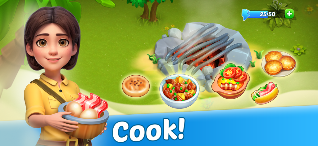 Un personaje llamado Emma sosteniendo comida junto a una fogata con varios platos cocinados y la palabra Cocinar