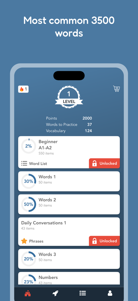 Tobo: Learn French Vocabulary - Tobo app dashboard showing French vocabulary levels and progress tracking for the most common 3500 words.