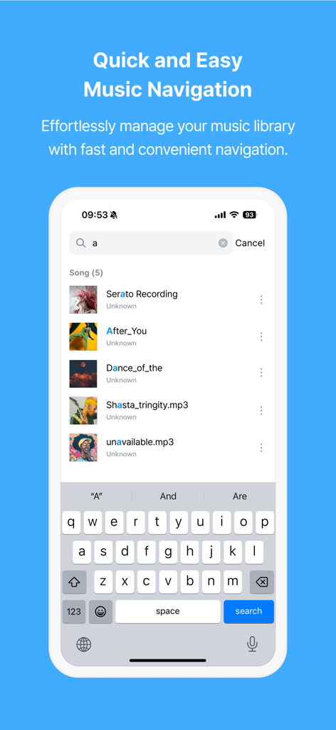 A mobile interface of the ALSong app showing the music library search and navigation feature with a list of songs.