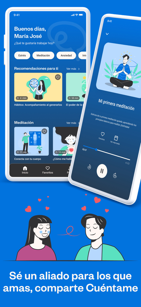 Cuéntame: Bienestar emocional - Interface do aplicativo móvel Cuéntame exibindo uma tela inicial personalizada e um reprodutor de áudio de meditação guiada em espanhol