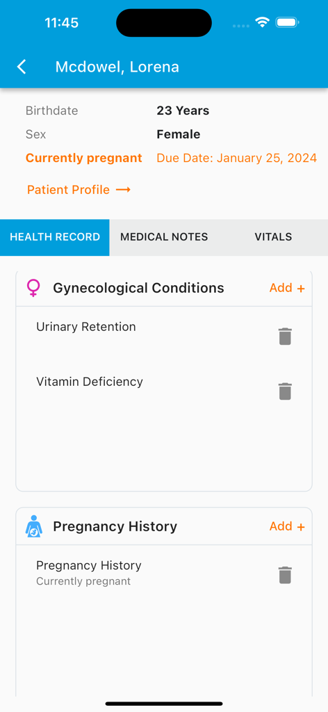 PocketPatientMD - PocketPatientMD app interface showing a patient health record with pregnancy history and gynecological conditions