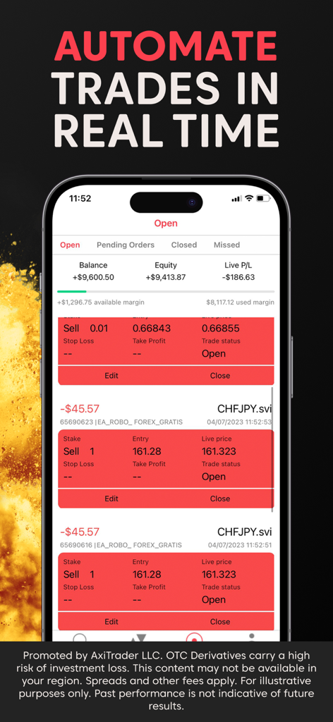 Axi Copy Trading app interface displaying open real-time trades and live profit and loss data on a smartphone screen.