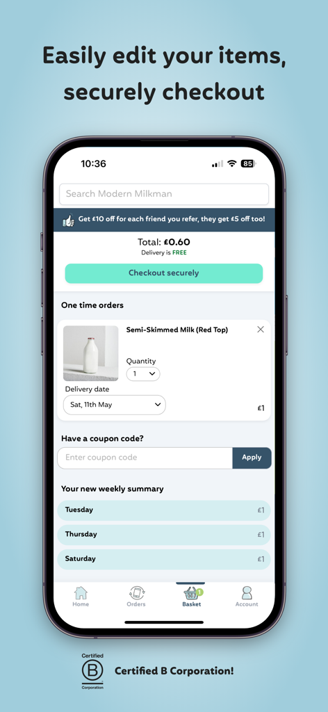 Modern Milkman - Modern Milkman app interface displaying grocery basket and secure checkout options