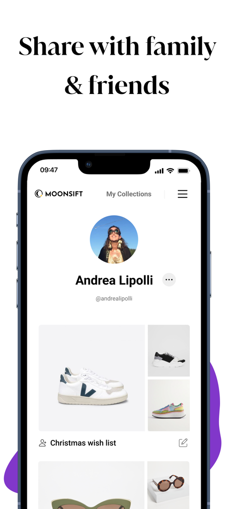 Moonsift mobile app interface showing a shared Christmas wish list with curated shoes and accessories