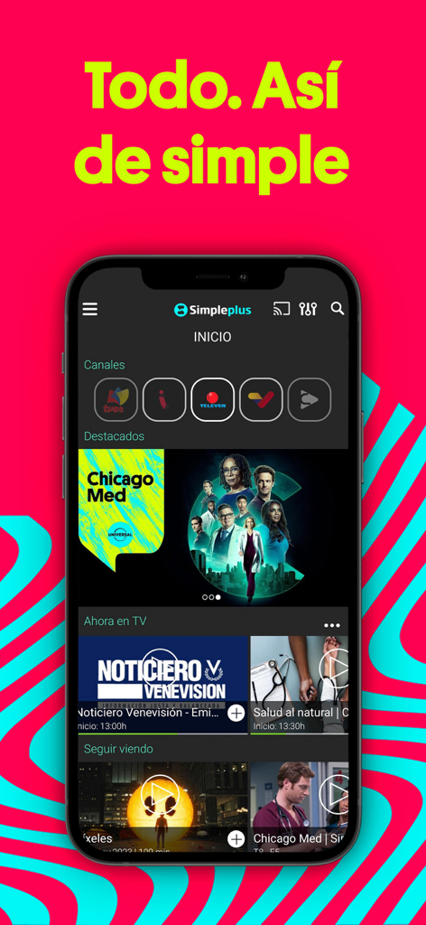 Simpleplus - Home screen of the Simpleplus app showing live Venezuelan TV channels and featured shows