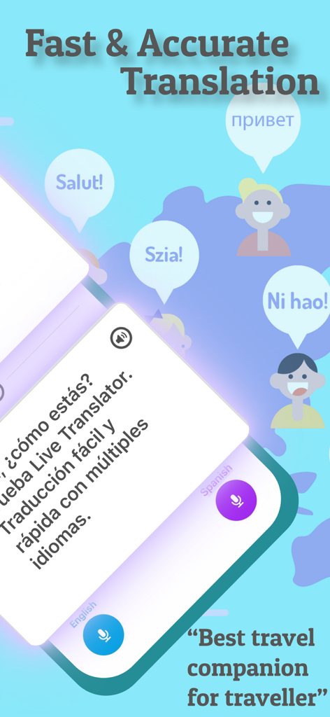 Interfaz de la aplicación Live Voice Translator mostrando traducción rápida y precisa para viajeros globales