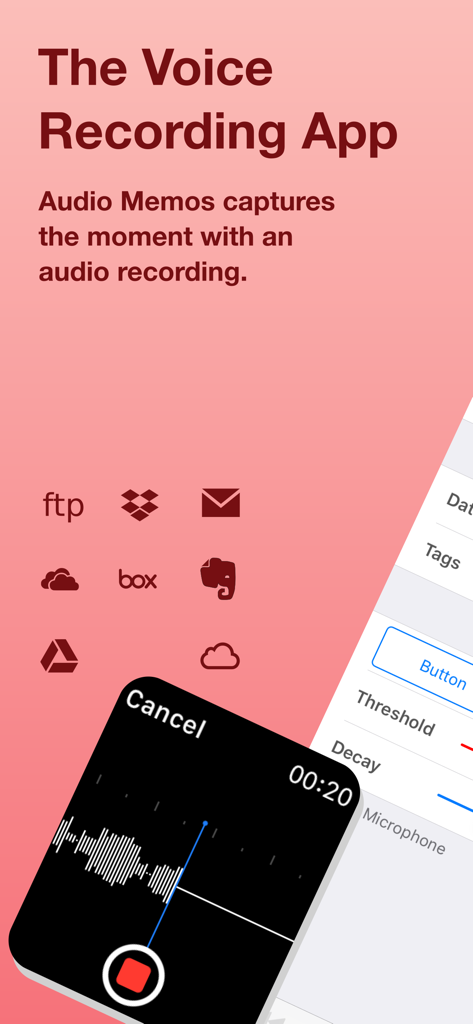 Audio Memos Pro - Audio Memos Pro app interface showing Apple Watch recording and cloud storage integration icons