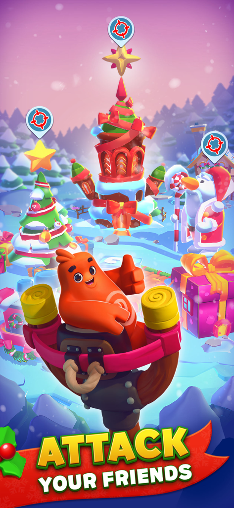 An orange character using a slingshot to attack a winter-themed kingdom in Dice Dreams