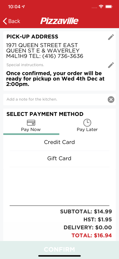 Pizzaville - Tela de checkout do aplicativo Pizzaville mostrando o resumo do pedido e a seleção do método de pagamento