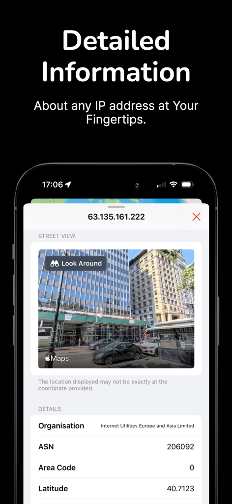 Una pantalla de smartphone que muestra información detallada de la red para una dirección IP, incluyendo vista de calle y detalles de la organización