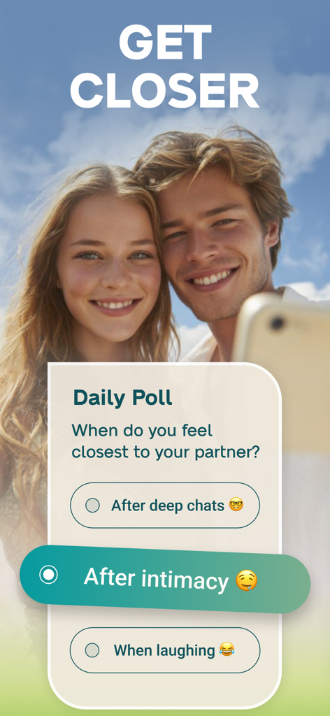 JustUs: Couples & Relationship - A daily poll question on the JustUs app asking when a couple feels closest to each other with a happy couple in the background.