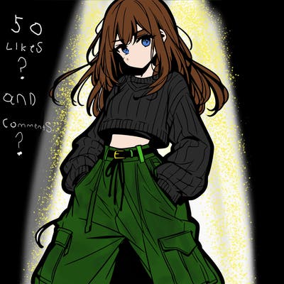 anime teen girl with baggy pants and crop top with sweater