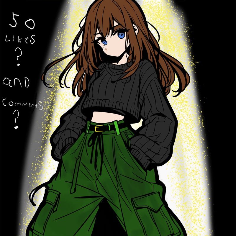 anime teen girl with baggy pants and crop top with sweater