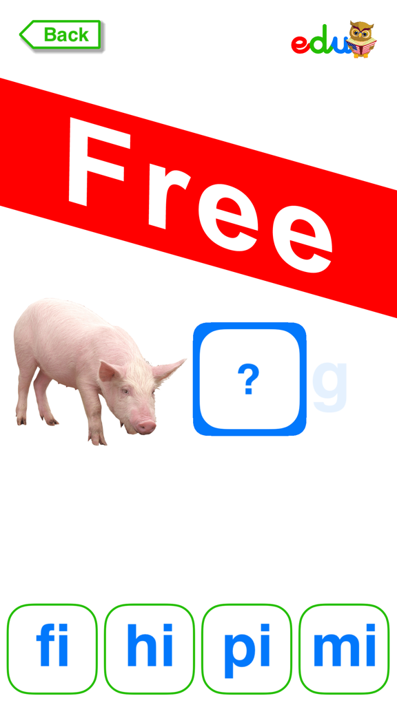 Phonics - Free - Learn to read - Educational phonics game screen showing a pig image and letter blending choices
