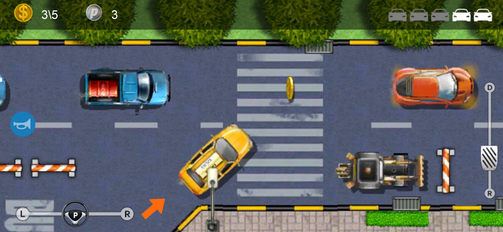 Top down view of a yellow taxi driving in a city street level of Parking Mania