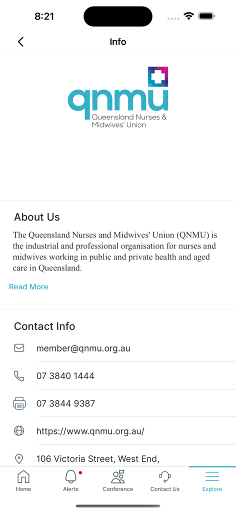 QNMU app info screen showing about us and contact details for the Queensland Nurses and Midwives Union