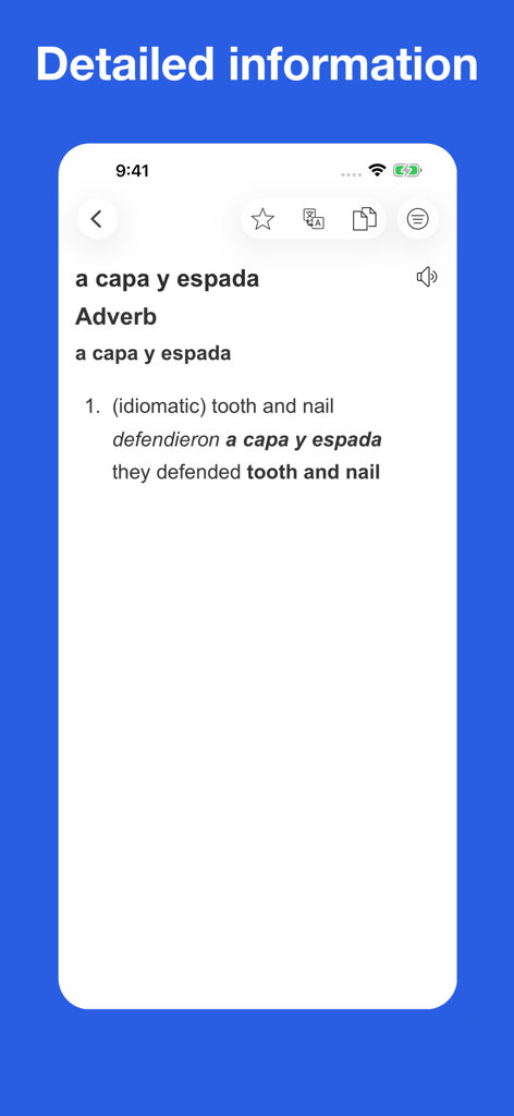 Spanish Idiom Dictionary - Detailed information view of a Spanish idiom with meaning and usage example