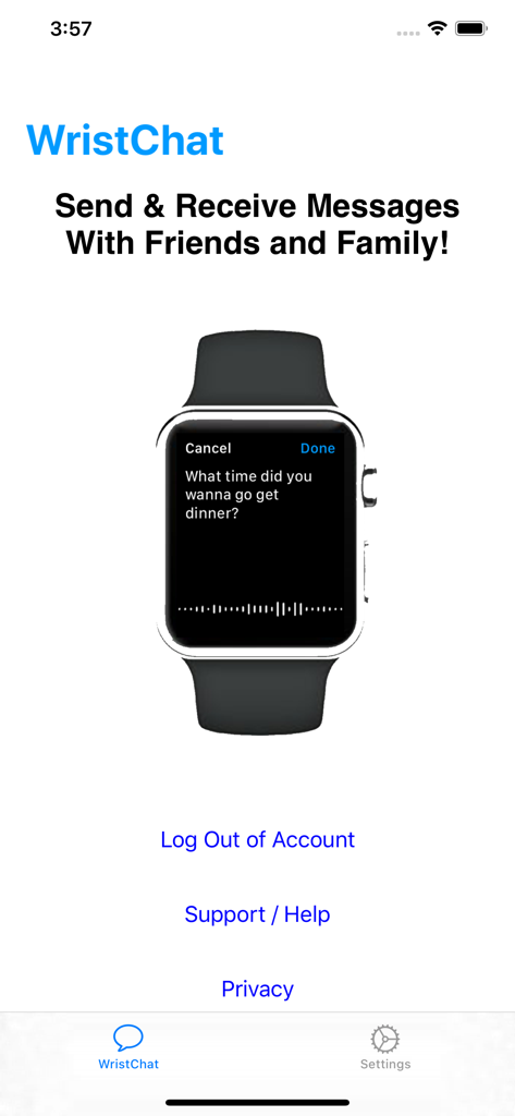 WristChat for Facebook - Main screen of the WristChat iPhone companion app featuring an Apple Watch showing a message transcription.