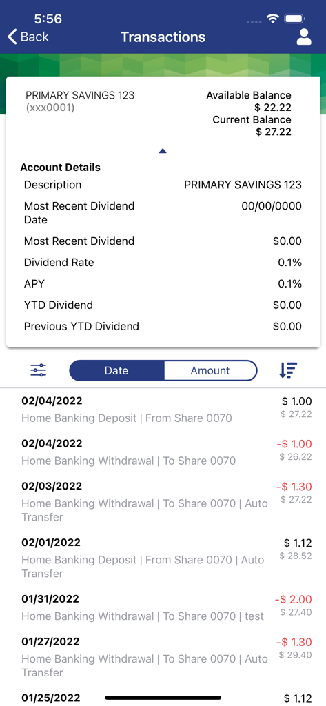 Advancial - Advancial mobile app transaction history screen for a primary savings account showing balances and a list of recent deposits and withdrawals